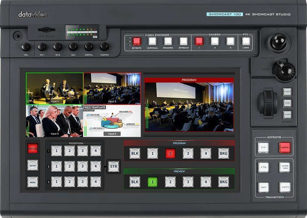 Datavideo Showcast 100 Studio 4K All-in-one, Switcher 4 Canale HDMI, Touchscreen 14", Streaming, Inregistrare si Control PTZ