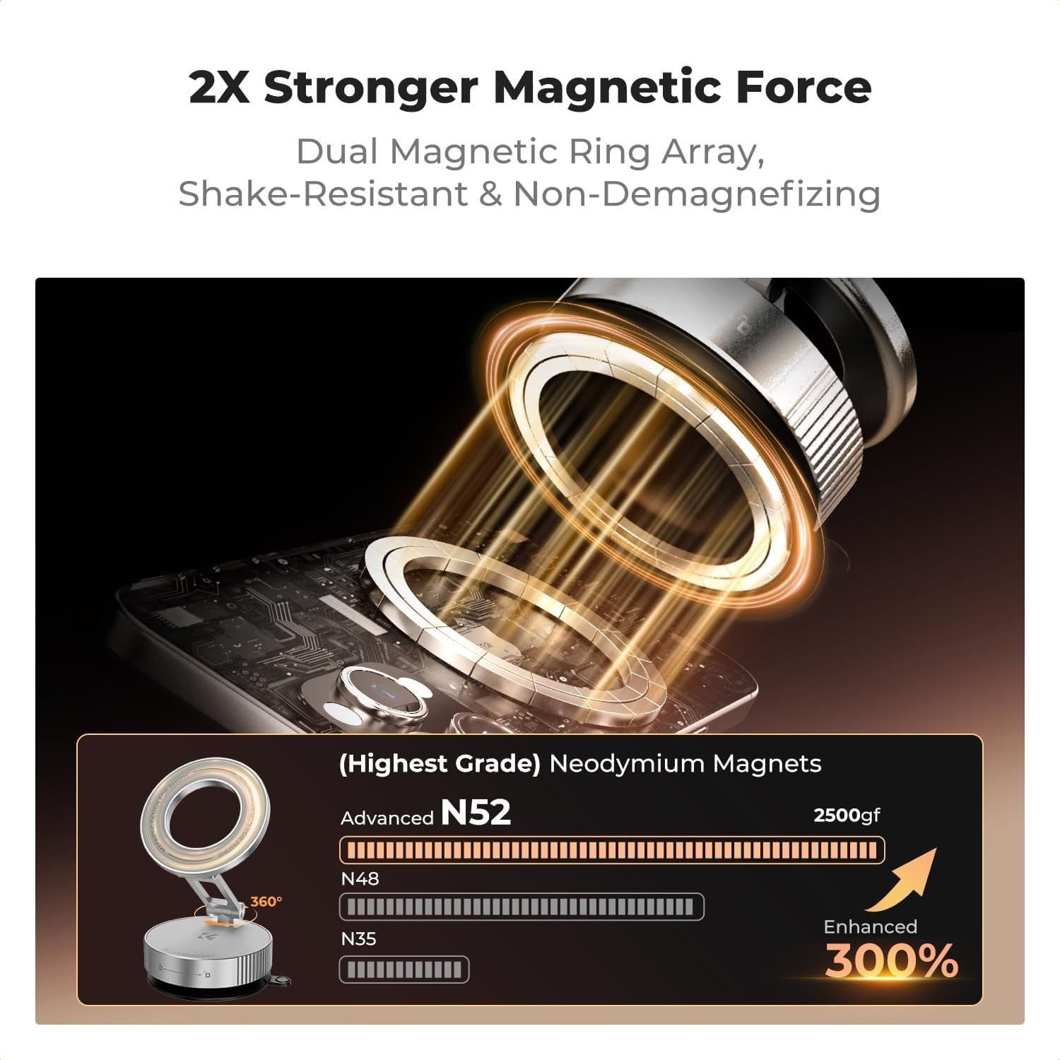 K&F Cap holder auto pentru smartphone, rotatie 360°, silver - imagine 3