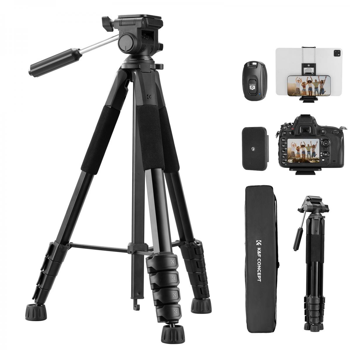 K&F Concept 75" Lightweight Tripod, Camera Compact Tripod with Remote and 2-in-1 Phone Holder - imagine 2