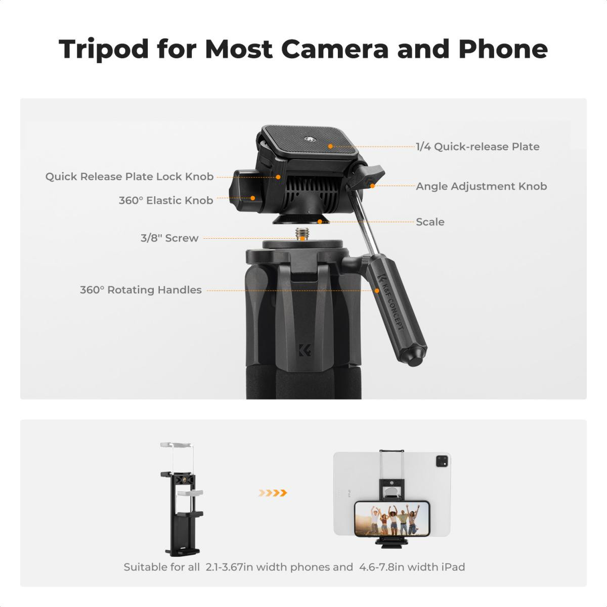 K&F Concept 75" Lightweight Tripod, Camera Compact Tripod with Remote and 2-in-1 Phone Holder - imagine 3