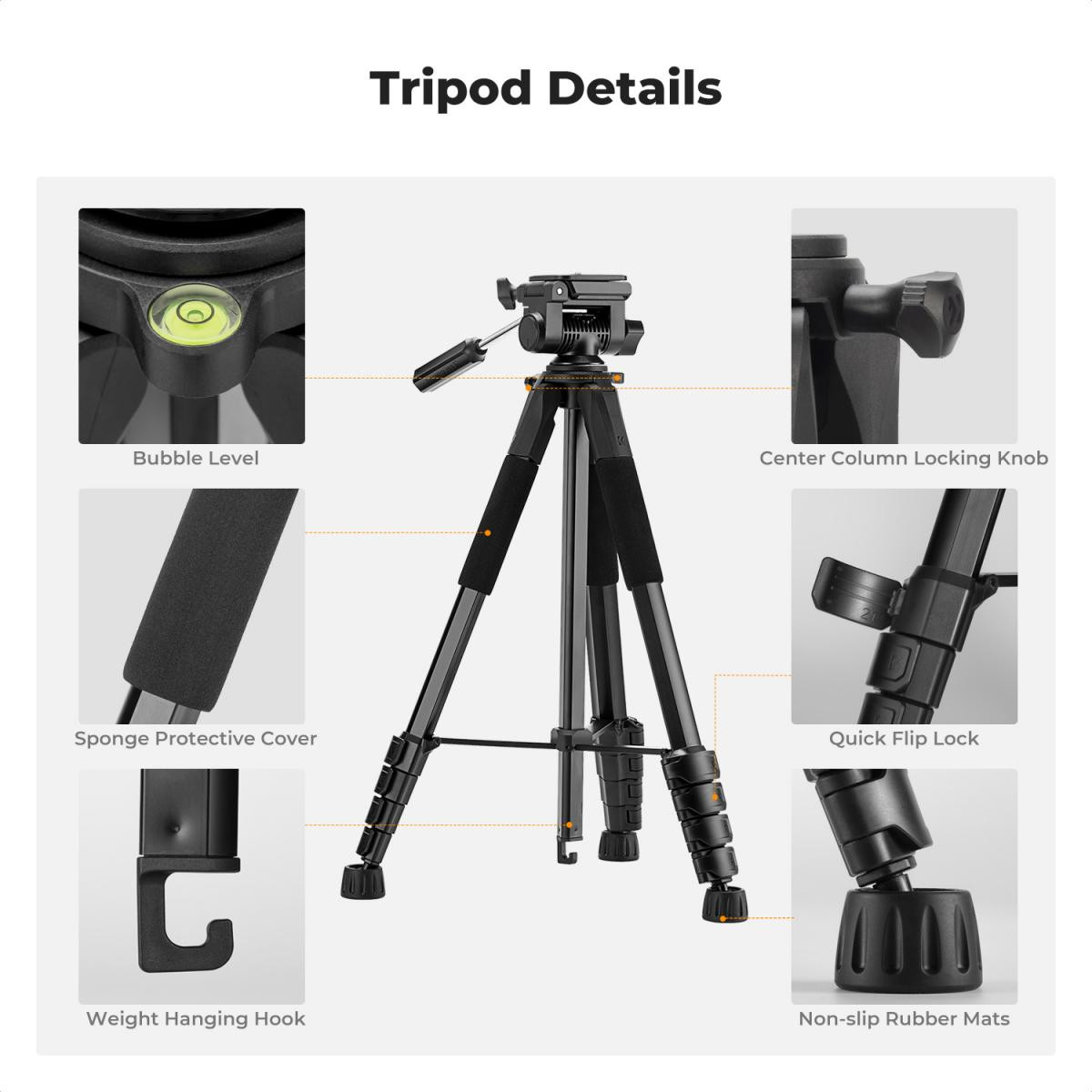 K&F Concept 75" Lightweight Tripod, Camera Compact Tripod with Remote and 2-in-1 Phone Holder - imagine 4
