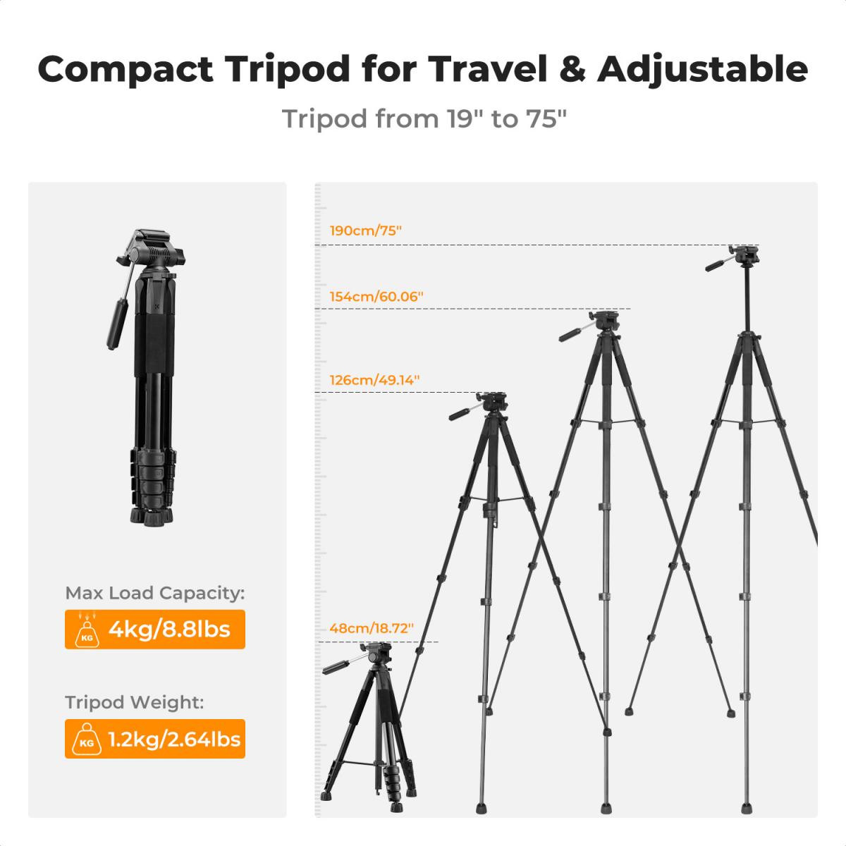 K&F Concept 75" Lightweight Tripod, Camera Compact Tripod with Remote and 2-in-1 Phone Holder - imagine 5