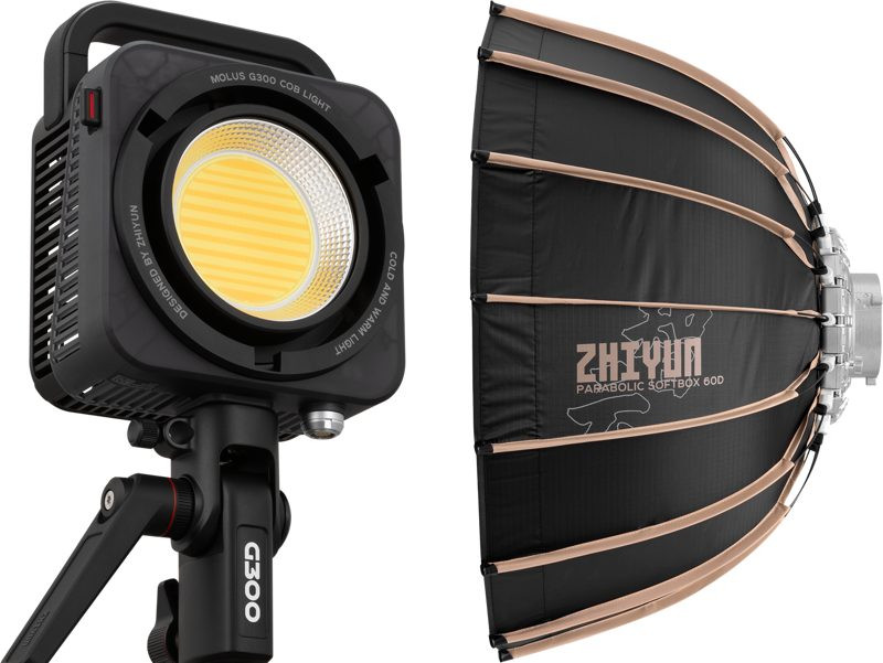 Zhiyun Molus G300 Lampa LED COB Bicolora, 300W, Modul MAX Extreme 500W, 2700K-6500K, Montura Bowens, Softbox Parabolic 60cm