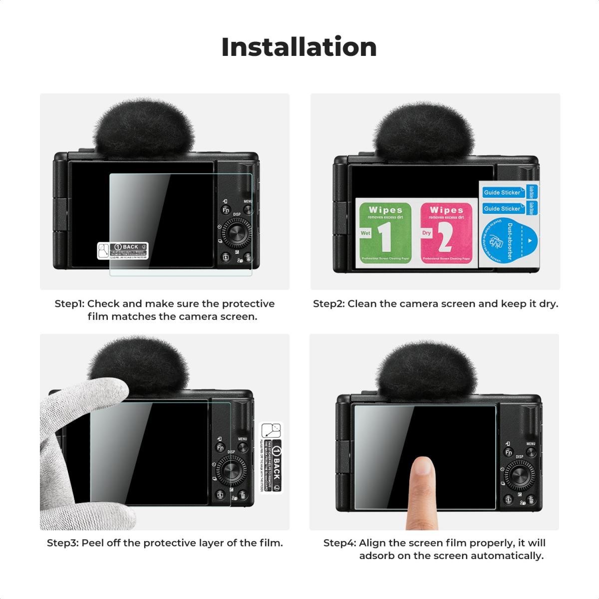 K&F Protector ecran cameră3 buc + Nivelă patină3 buc + Lavetă curățare vacuum*1, pentru Sony ZV-1 / ZV-1 II - imagine 5