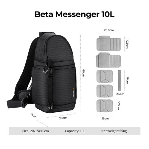 Geantă tip sling K&F Concept Beta Series, 10L, neagră, ideală pentru camere foto și accesorii. - imagine 13