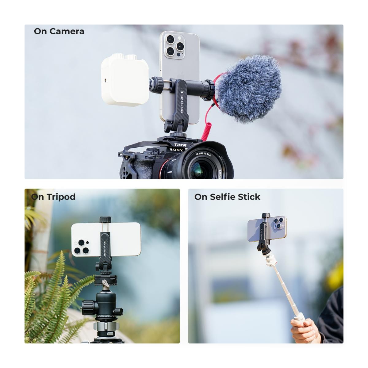 Suport telefon K&F cu clemă, 2 monturi cold shoe și ajustare 360°. - imagine 6