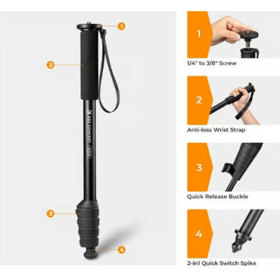 Avatar Shop|K&F Monopod portabil din aluminiu, 23mm diametru, 5 sectiuni, 63 inches, curea anti-pierdere|K&F Concept