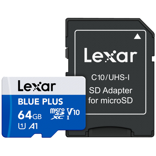 Lexar microSDHC Blue Plus UHS-I with SD adapter, up to 100MB/s read  C10/A1/U3 (V30) 64GB, Card memorie MicroSD