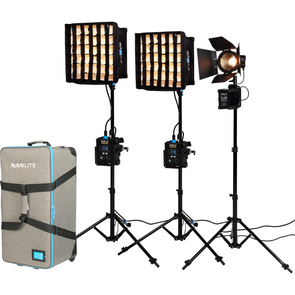 Kit 3 Lumini Nanlite: 2 x PavoSlim 60B, 1x Forza 60B II, Bi-Color 2700K-6500K, Lentila Fresnel, Stative si Geanta Troller