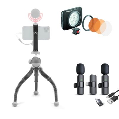 Kit Creator Smartphone cu Microfon wireless, trepied si lumina LED pentru vlogging