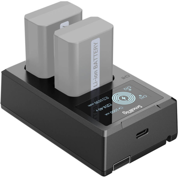 SmallRig 4081 Incarcator Dublu pentru Baterii Sony NP-FW50, Ecran LCD, Cablu USB-A Integrat si Port USB-C, Negru