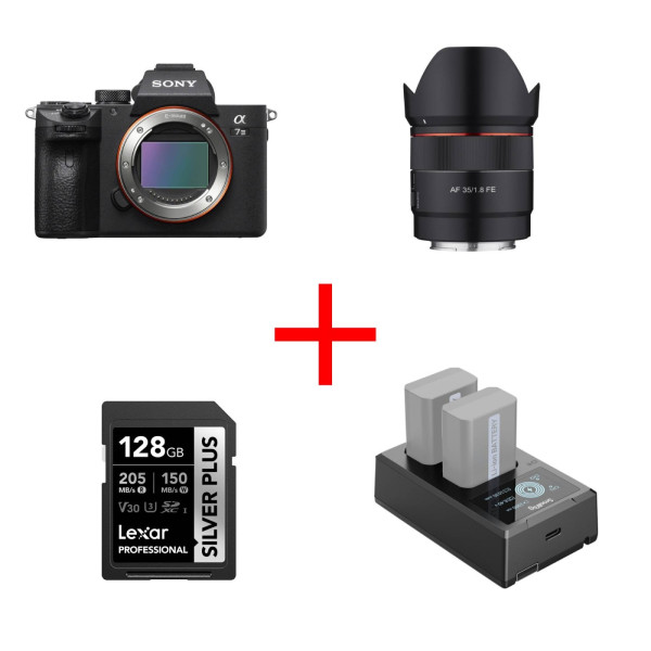 Sony A7 III Body cu Obiectiv Samyang AF 35mm F1.8 FE, Card Lexar 128GB 205MB/s si Incarcator Dublu SmallRig 4081