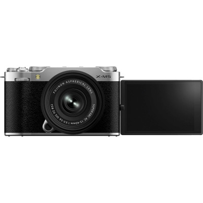 fujifilm x-m5 silver design retro argintiu cu cadran simulari film si obiectiv zoom compact