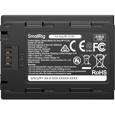 Avatar Shop|SmallRig 5297 Baterie USB-C pentru Sony NP-FZ100, Afisaj LED Nivel Incarcare, 2600mAh, Incarcare Rapida|SmallRig