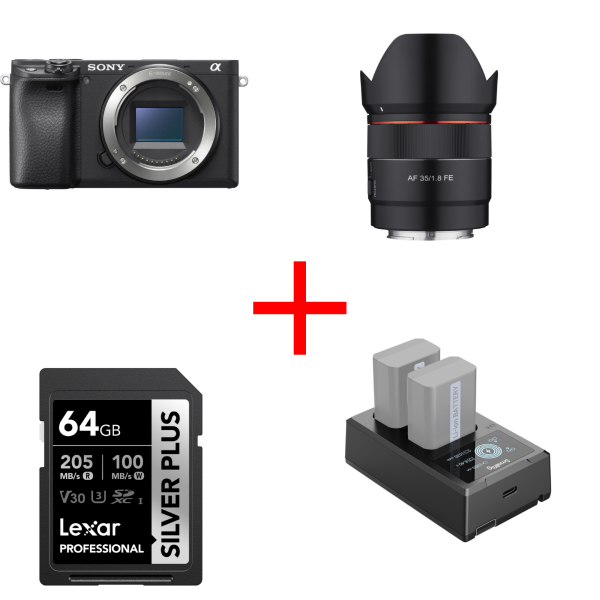 Sony A6400 + Obiectiv Samyang 35mm F1.8 FE, bonus card Lexar 64gb si incarcator