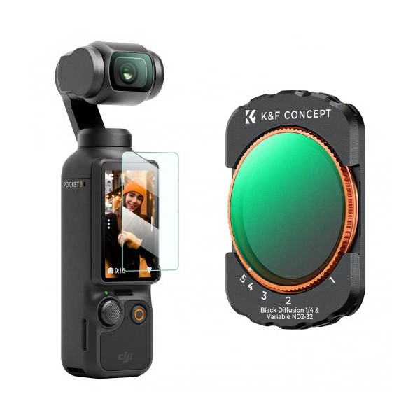 K&F Concept Kit Filtre Magnetice DJI Osmo Pocket 3, ND2-32 Variabil, Black Diffusion 1/4, Sticla Optica AGC, Montare Magnetica