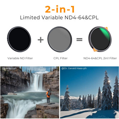 Avatar Shop|K&F 52mm Filtru ND Variabil ND4-ND64 si CPL 2 in 1, Seria Nano-X, Sticla Optica Japoneza, 28 Straturi Anti-reflexie|K&F Concept