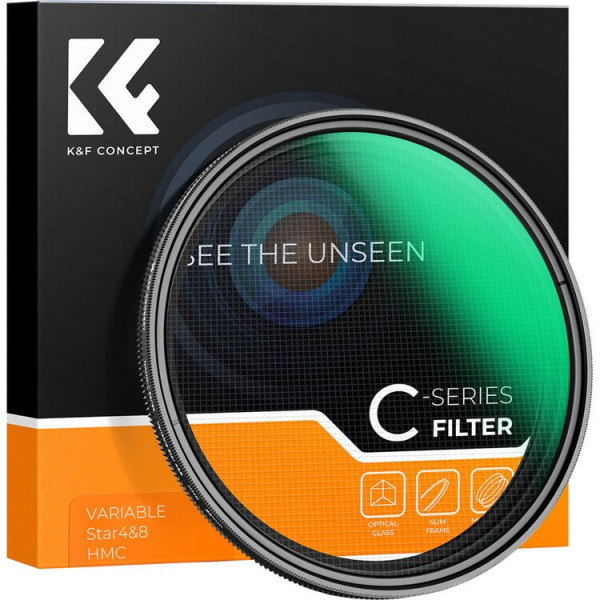 K&F Concept Filtru Variabil Star 4-8, 55mm, Sticla Optica Multistratificata, Tratament Verde, Rama Metalica, Reglaj Rotativ