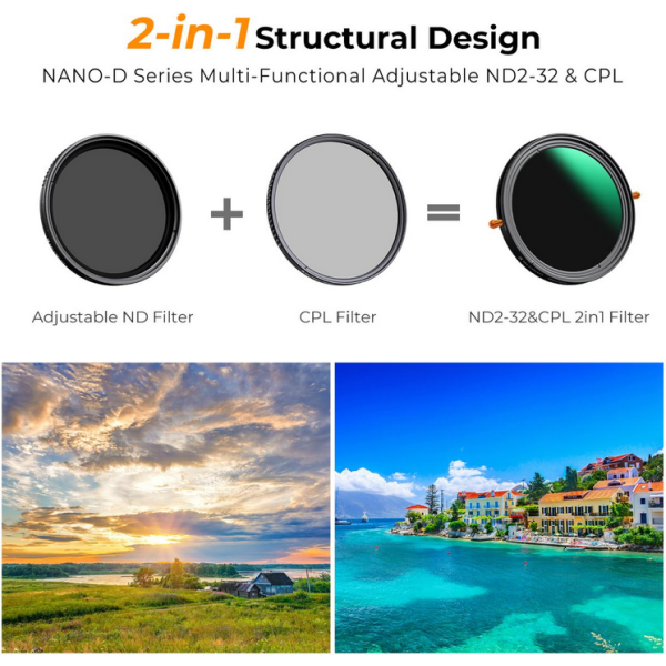K&F D Series Filtru CPL+ND Variabil 2~32, 62mm, Sticla Optica AGC, 24 Straturi Acoperire, Fara Efect X