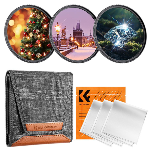 K&F Concept Set Filtre Star 77mm, 3 Bucati, 4/6/8 Puncte, Efect Starburst, Sticla Optica Premium, Rama Aluminiu