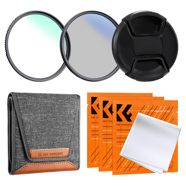 K&F Concept Kit Filtre Foto 82mm, UV si Polarizare CPL, Nano-Coating 18 Straturi, Capac Obiectiv, 3 Lavete Curatare