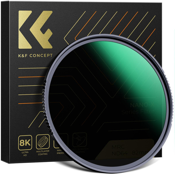 K&F Concept Nano-X ND64 Filtru Optic 82mm, 6 Stop, Rezistent la Apa si Zgarieturi, Sticla Optica, Rama Aluminiu