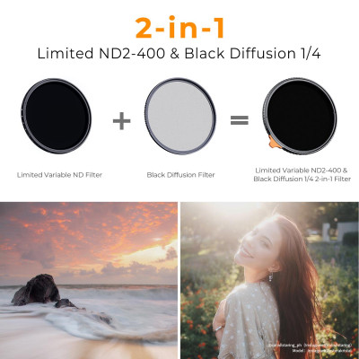Avatar-Shop|K&F Concept 67mm Filtru Black Mist 1/4 + ND Variabil ND2-400, Rama Aluminiu 7.4mm, Acoperire 28 Straturi, 9 Trepte|K&F Concept