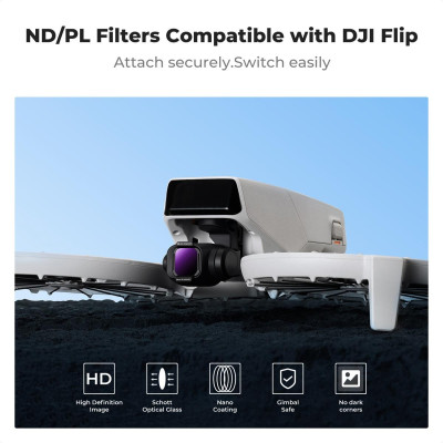 Avatar Shop|K&F DJI Flip Set Filtre ND/PL 4 Bucati, ND8/PL, ND16/PL, ND32/PL, ND64/PL, Sticla Optica AGC, Montare Snap-on|K&F Concept