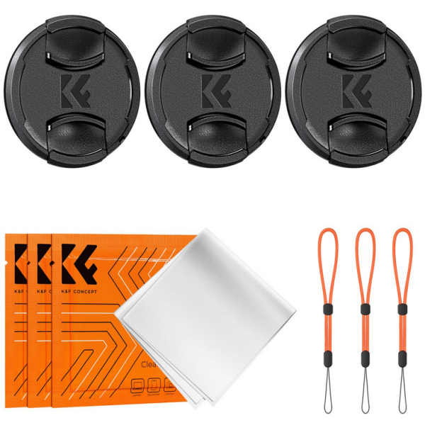 K&F 58mm Kit Capace Obiectiv, Logo K&F, 3 Capace, 3 Snururi Anti-Pierdere, 3 Lavete Microfibra, Material ABS