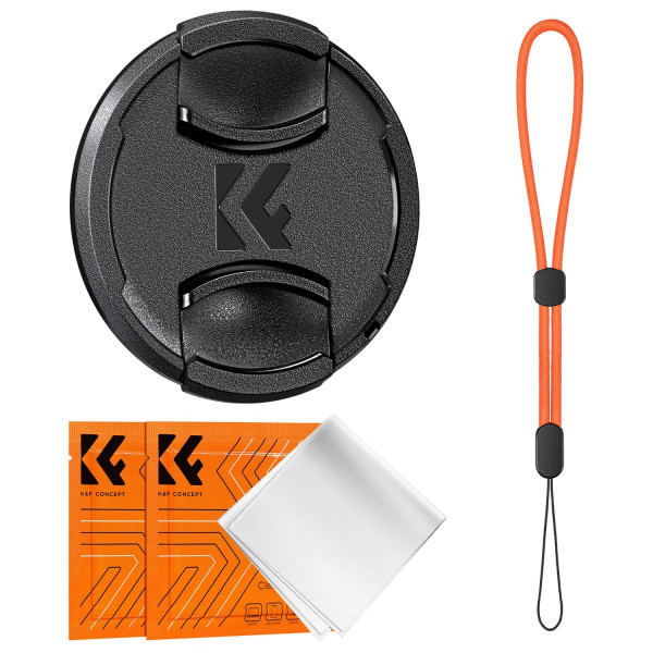 K&F Concept Capac Obiectiv 67mm, Set 2 Bucati, Prindere Centrala Snap-On, Material ABS, Snur Anti-Pierdere, Laveta Microfibra