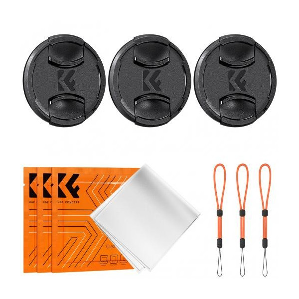 K&F Concept Kit Capace Obiectiv 72mm, 3 Capace cu Logo K&F, 3 Snururi Anti-Pierdere, 3 Lavete Microfibra