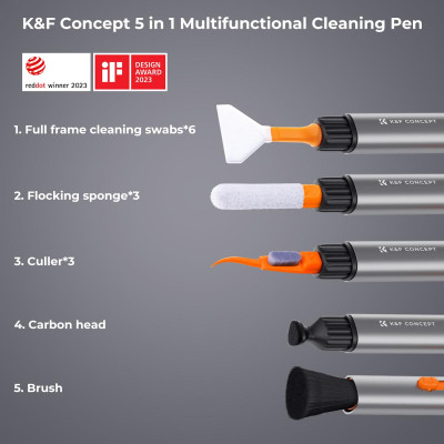 Avatar Shop|K&F Kit Stilou Curatare Multifunctional Aluminiu, Cap Carbon, Perie, 6 Tampoane APS-C, 3 Bureti Flocati, 3 Ejectoare|K&F Concept