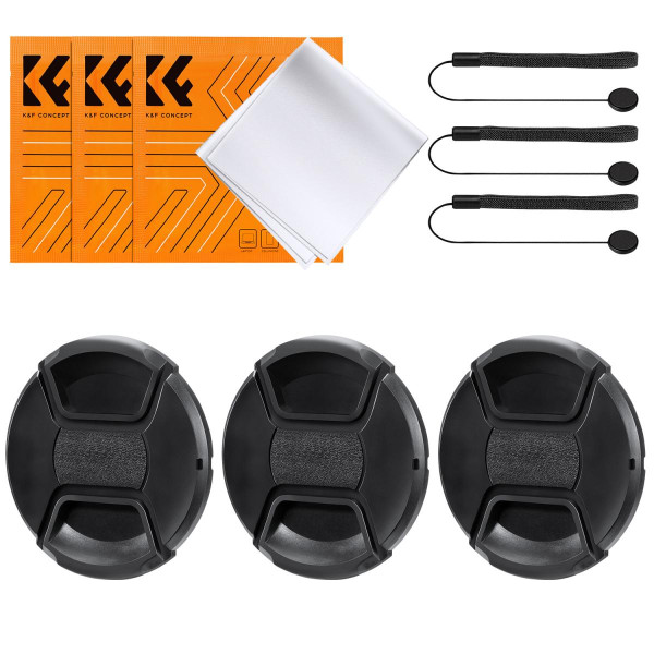 K&F Concept 72mm Capac Obiectiv cu Prindere Centrala, Set 9 in 1, 3 Capace, 3 Snururi Anti-pierdere, 3 Lavete Microfibra