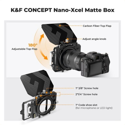 Avatar Shop|K&F SKU.2364V1 Matte Box, Compatibil 2 Filtre Patrate 4x5.65 Inch, Fibra de Carbon si Aluminiu, Flag-uri Ajustabile, Inele|K&F Concept