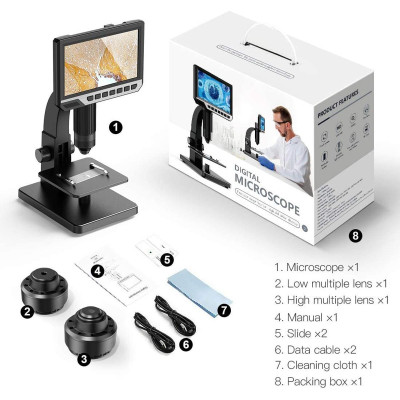Avatar Shop|K&F Microscop Digital LCD, Display IPS 7 Inch, Rezolutie 1080P, Marire 50x-2000X, Lentile Duble, Camera 12MP|K&F Concept