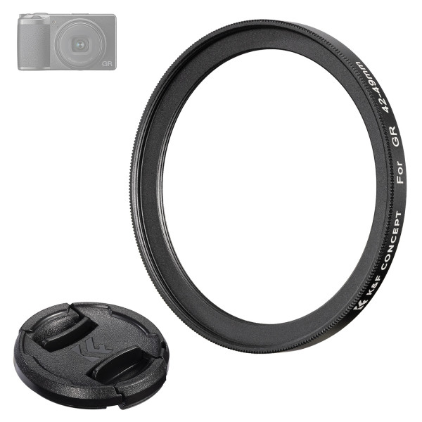 K&F Ricoh GR 42-49mm Inel Adaptor si Capac Obiectiv, Compatibil GR IIIx, GR III, GR II, Aluminiu, Filtru 49mm