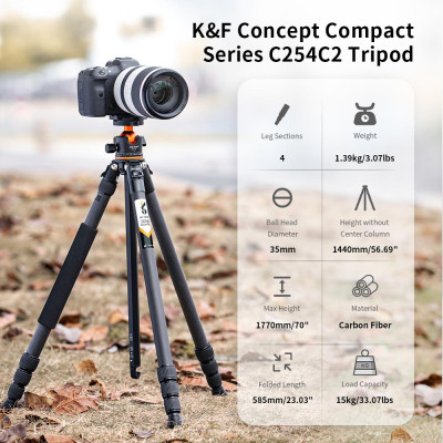 Avatar Shop|K&F Concept A254C4+BH-35L Trepied Foto Fibra de Carbon, Inaltime Maxima 1.7m, Sarcina 15kg, Cap Bila 35mm, Monopied Detasabil,|K&F Concept