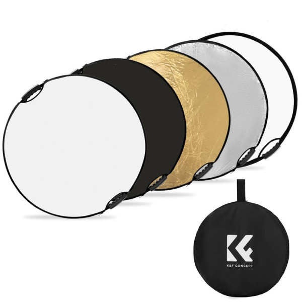K&F Reflector Rotund 5in1 cu Maner, 110cm, Auriu, Argintiu, Alb, Negru, Translucid, Pliabil