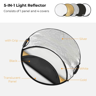 Avatar Shop|K&F Reflector Rotund 5in1 cu Maner, 110cm, Auriu, Argintiu, Alb, Negru, Translucid, Pliabil|K&F Concept