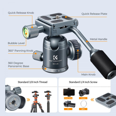 Avatar Shop|K&F 26mm Cap Bila Trepied din Metal, Rotire Panoramica 360 Grade, Prindere Rapida 1/4 inch, Sarcina Maxima 8kg|K&F Concept