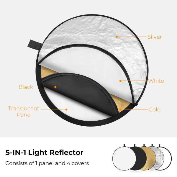 K&F Concept Reflector Foto 5 in 1, Diametru 56cm, Pliabil, Auriu Argintiu Alb Negru Translucid, Cu Geanta de Transport