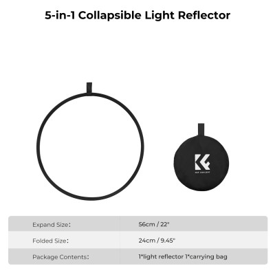 Avatar Shop|K&F Concept Reflector Foto 5 in 1, Diametru 56cm, Pliabil, Auriu Argintiu Alb Negru Translucid, Cu Geanta de Transport|K&F Concept