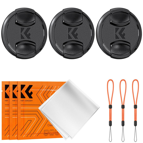 K&F Capac Obiectiv 62mm, Set 3 Bucati, Prindere Centrala, Snur de Siguranta, Plastic ABS
