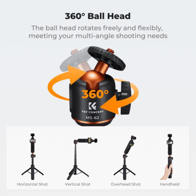 Avatar Shop|K&F 65cm Stativ Desktop si Selfie Stick, Cap Bila 360°, Extensie 24cm-65cm, Greutate 175g, Filet 1/4 inch, Montura Cold Shoe|K&F Concept