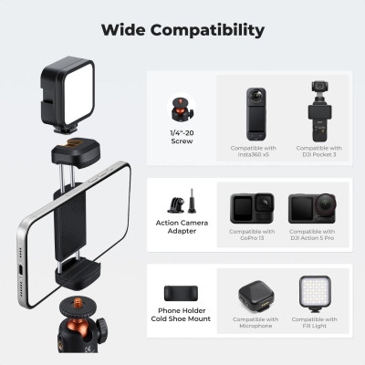Avatar Shop|K&F 65cm Stativ Desktop si Selfie Stick, Cap Bila 360°, Extensie 24cm-65cm, Greutate 175g, Filet 1/4 inch, Montura Cold Shoe|K&F Concept