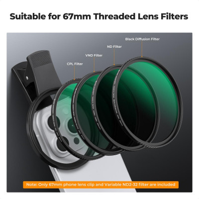 Avatar Shop|K&F 67mm Filtru Clip-on ND2-32 pentru Telefon, Densitate Neutra Variabila 5 Trepte, Montura Clema, 18 Straturi Anti-Reflexie|K&F Concept