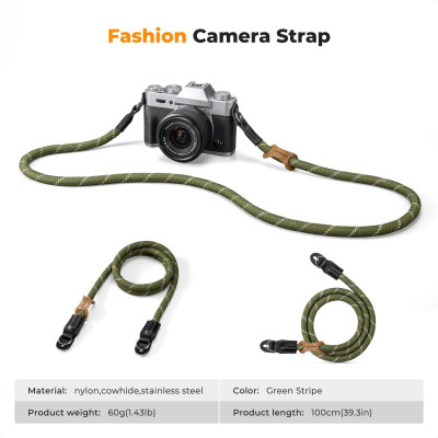 Avatar Shop|K&F Concept Urban Wander 05 Green Curea Umar Camera, Nylon Premium, Detalii Piele Naturala, Inele Otel Inoxidabil,|K&F Concept