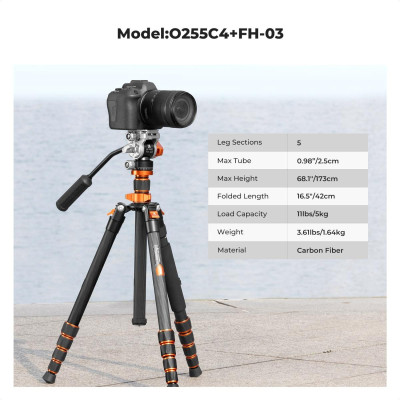Avatar Shop|K&F O255C4+FH-03 Trepied Foto Carbon cu Cap Video Hidraulic, Greutate 1.1kg, Sarcina 5kg, Inaltime 173cm, Diametru Tub 25mm|K&F Concept