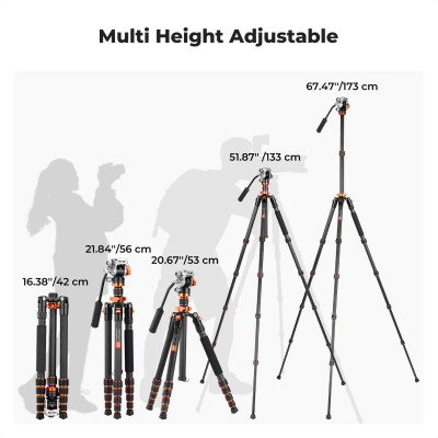 Avatar Shop|K&F O255C4+FH-03 Trepied Foto Carbon cu Cap Video Hidraulic, Greutate 1.1kg, Sarcina 5kg, Inaltime 173cm, Diametru Tub 25mm|K&F Concept