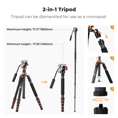 Avatar Shop|K&F O255C4+FH-03 Trepied Foto Carbon cu Cap Video Hidraulic, Greutate 1.1kg, Sarcina 5kg, Inaltime 173cm, Diametru Tub 25mm|K&F Concept